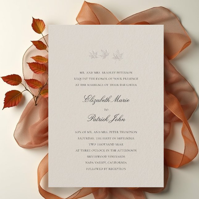 Convite Fall Leaves Formal Modern Classic Wheat Wedding (fall leaves wedding invitation formal modern classic black tie autumn botanical elegant wheat beige)