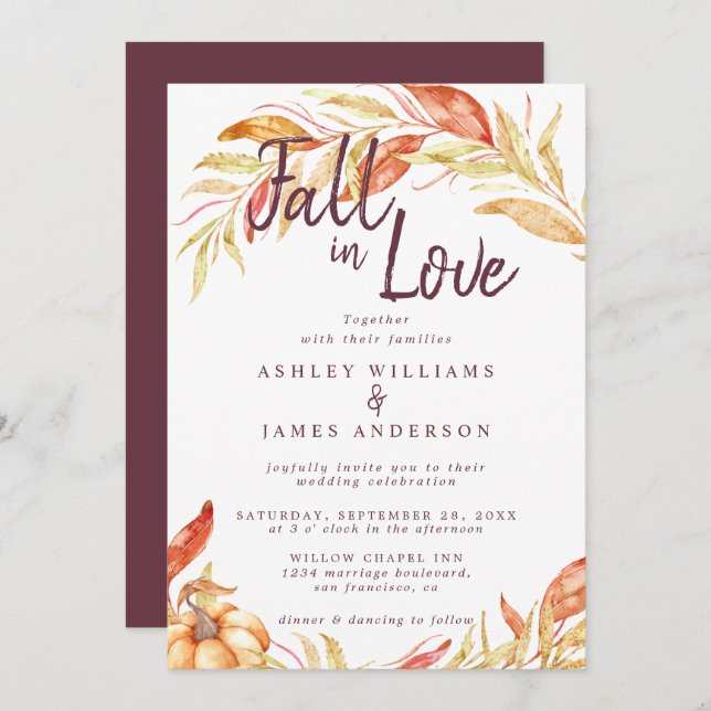 Convite Fall Love Foliage Autumn Burgundy Casamento (Frente/Verso)