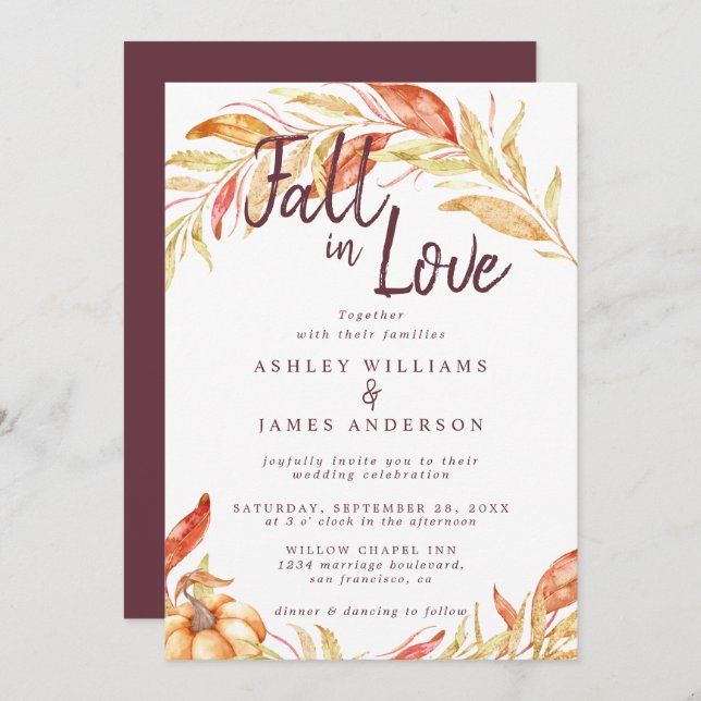 Convite Fall Love Foliage Autumn Burgundy Casamento (Frente/Verso)