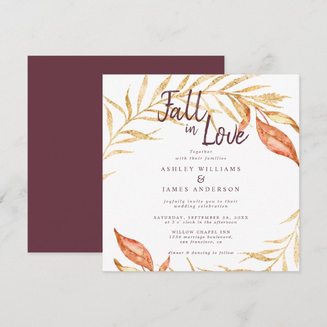 Convite Fall Love Foliage Autumn Burgundy Casamento (Frente/Verso)