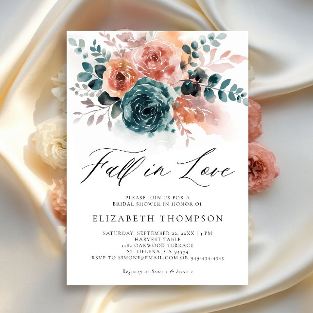 Convite Fall Love Teal Burnt Orange Floral Chá de panela (fall in love bridal shower invitation burnt orange teal watercolor roses elegant classy backyard)