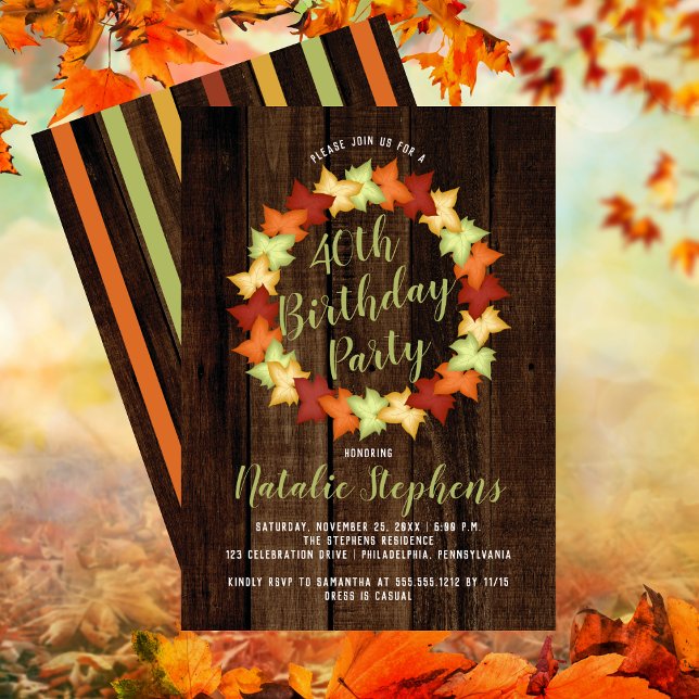 Convite Fall Maple Deixa A Foca Festa de aniversário De Ma (Fall Maple Leaves Wreath Faux Wood 40th Birthday Party Invitation)