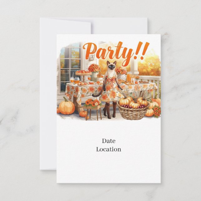 Convite Fall Party Invitation Card  for Siamese Cat Lovers (Frente)
