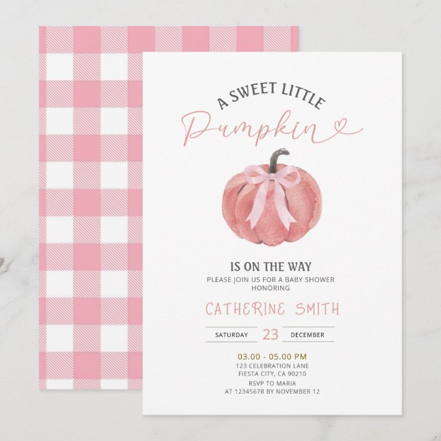 Convite Fall Pink Bow Pumpkin Baby Shower  (Frente/Verso)