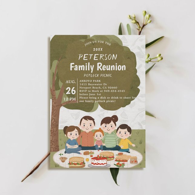 Convite Fall Potluck Picnic de Primavera de Reunião da Fam (family reunion invitation potluck picnic cute illustration watercolor modern simple fun)