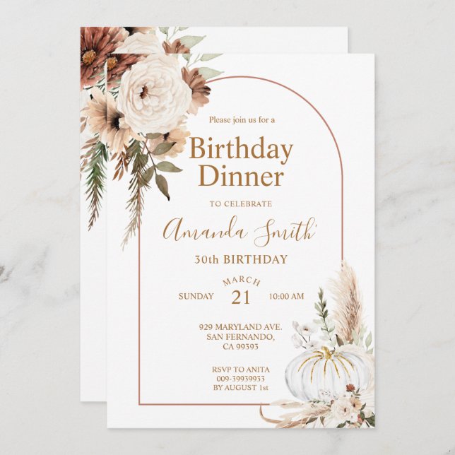 Convite Fall Pumpkin Boho Arch Floral Birthday 30 Janto (Frente/Verso)