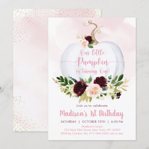 Convite Fall Pumpkin Pink Burgundy Dourado Primeiro Aniver
