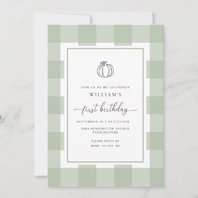 Convite Fall Pumpkin Sage Gingham primeiro aniversario Con (Frente)