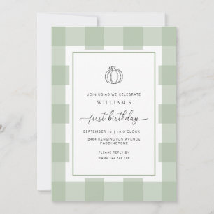 Convite Fall Pumpkin Sage Gingham primeiro aniversario Con