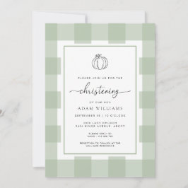 Convite Fall Pumpkin Sage Green Gingham Christening
