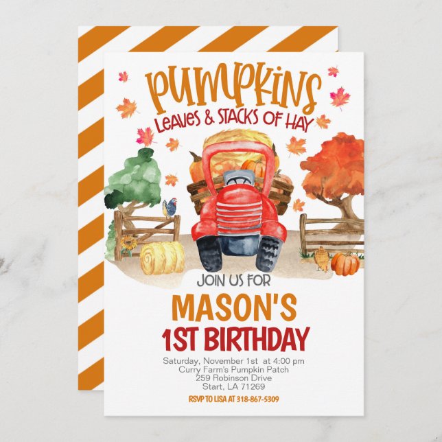 Convite Fall Pumpkin Trator Birthday (Frente/Verso)