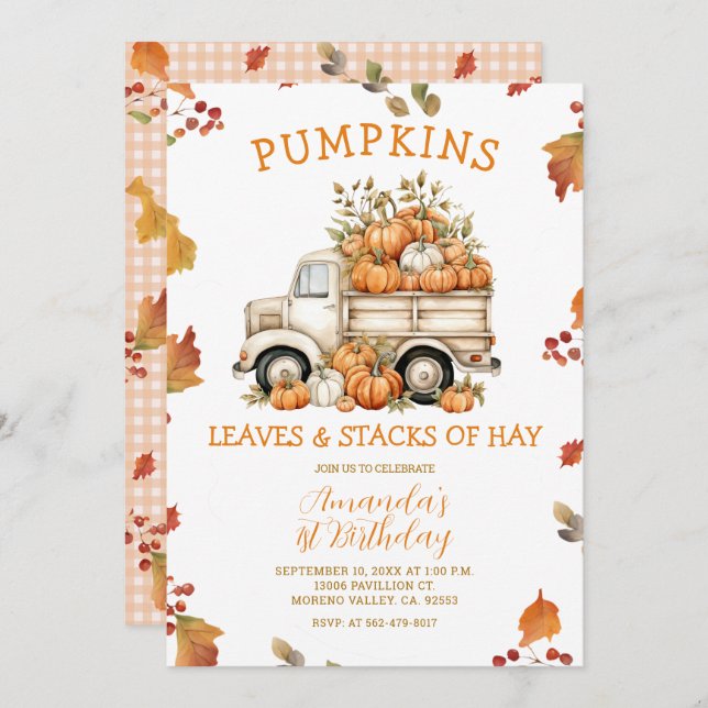 Convite Fall Pumpkin Truck Girl Birday Autumn Flora (Frente/Verso)