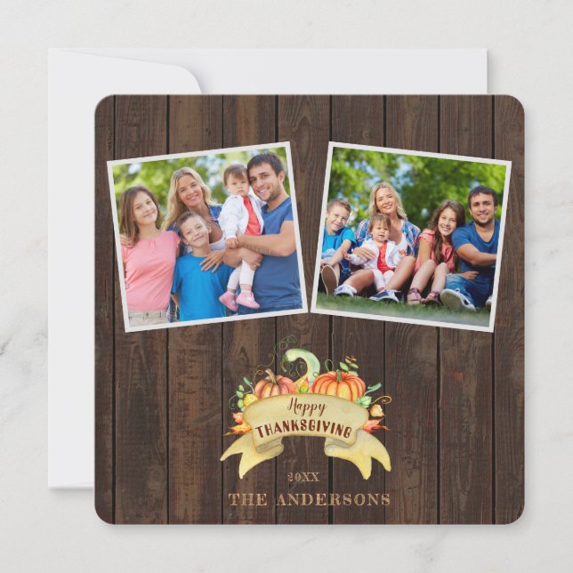 Convite Fall Pumpkins Wooden Foto Feliz Ação de Graças (Frente)