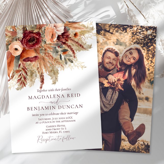 Convite Fall Rust Burgundy Florals Pampas Foto Casamento (Criador carregado)