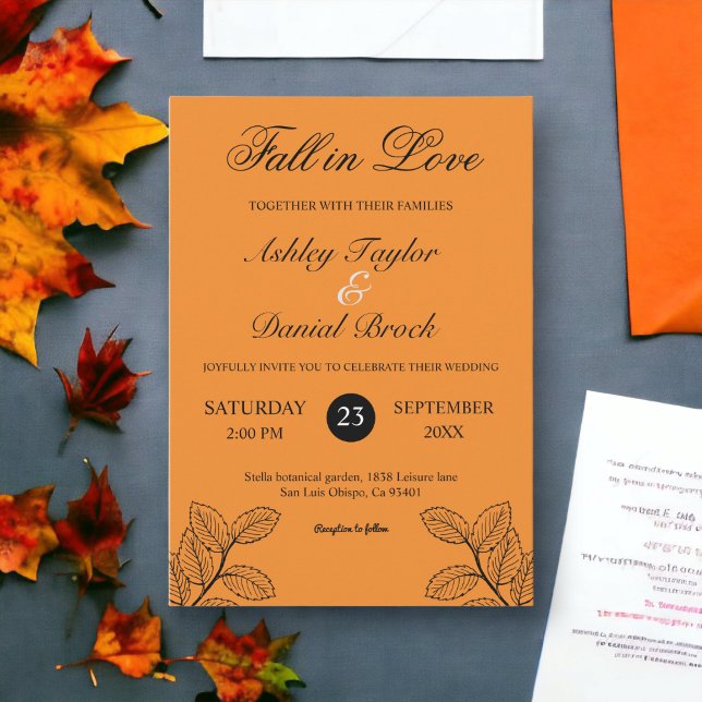 Convite Fall Rustic Deixa Laranja Queimada Casamento de Ou (Criador carregado)
