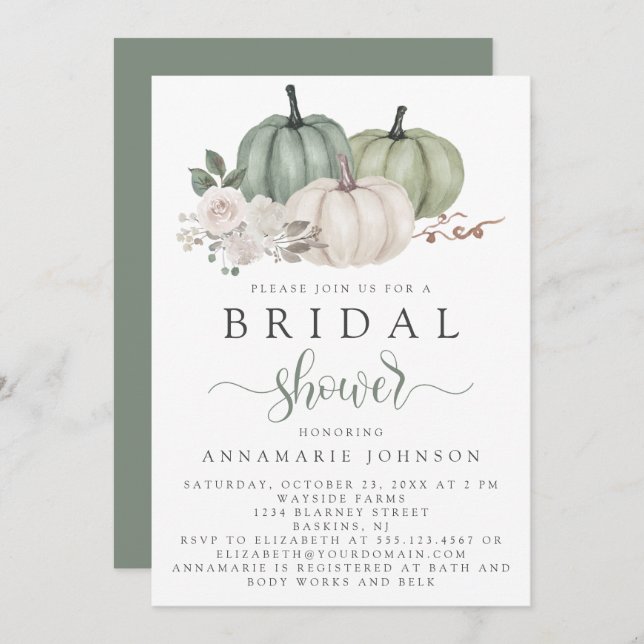 Convite Fall Sage Green and White Pumpkin Floral Bridal (Frente/Verso)