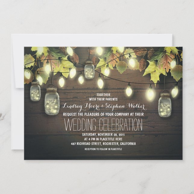 Convite Fall String Lights e Mason Jars Rustic Weding (Frente)