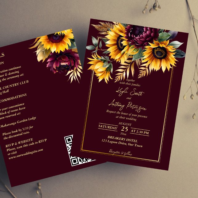 Convite Fall Summer Casamentos Burgundy, girassóis, todos  (Fall summer wedding burgundy yellow sunflowers all in template invitation digital download QR RSVP)