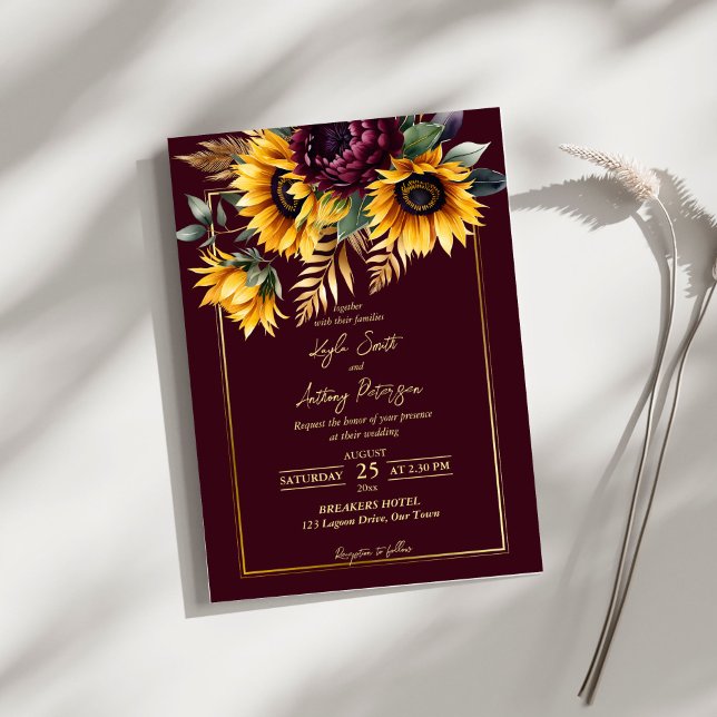 Convite Fall Summer Casamentos Burguns (Fall summer rustic burgundy sunflowers wedding invitation editable template instant download)