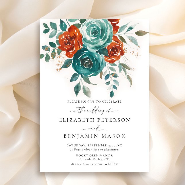 Convite Fall Teal Burnt Orange Floral Elegante (fall wedding invitation teal burnt orange terracotta watercolor floral botanical earthy garden chic)