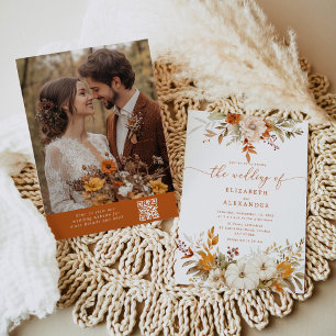 Convite Fall terracotta Foto elegante Código QR casamento