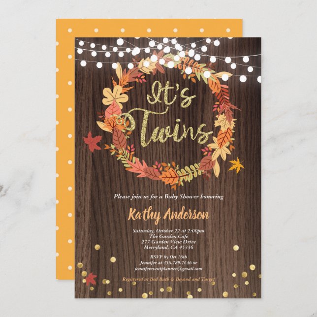 Convite Fall twins chá de fraldas russa wreath (Frente/Verso)
