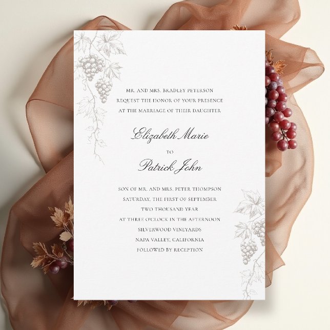 Convite Fall Vineyard Winery Moderno Clássico Pérola Casam (fall vineyard wedding invitation winery grapevine formal modern classic black tie pearl white)