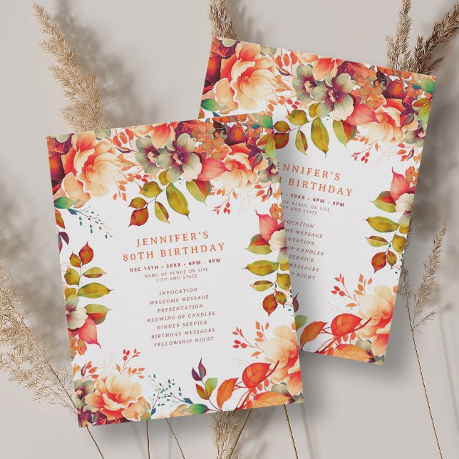 Convite Fall Watercolor Floral 80 Birthday (Fall Watercolor Floral 80th Birthday Program )