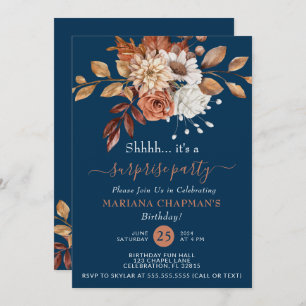 Convite Fall Watercolor Floral Marinho Blue Surprise Party