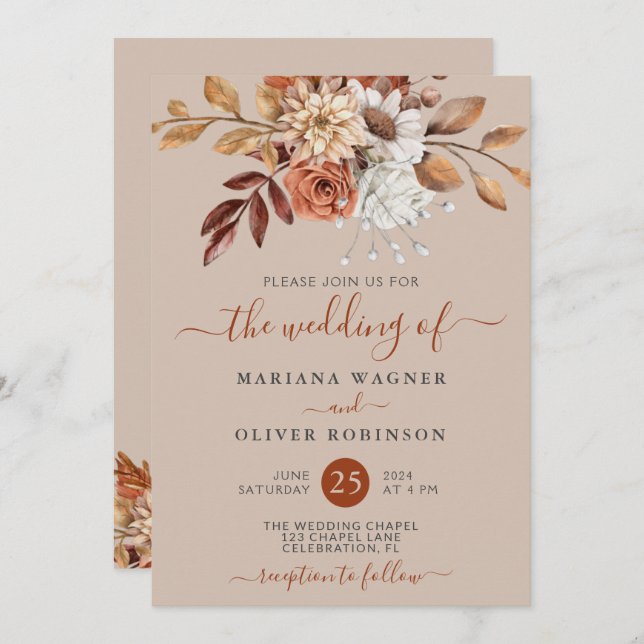 Convite Fall Watercolor Floral no Casamento Taupe (Frente/Verso)