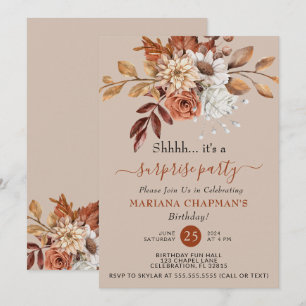 Convite Fall Watercolor Floral Taupe Surprise Party