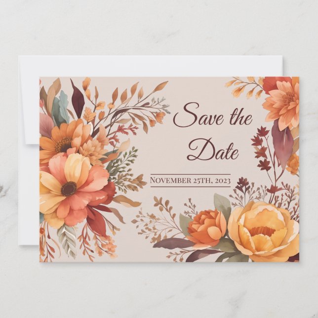 Convite Fall Watercolor Rustic Floral Salvar Data (Frente)