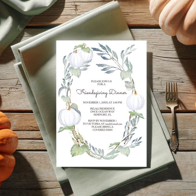 Convite Fall WHITE PUMPKIN Greenery Amigos dando (Friendsgiving invitations fall white pumpkin )