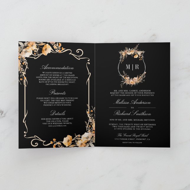 Convite Fall Wildflower Crest Black QR Code Wedding (Interior)