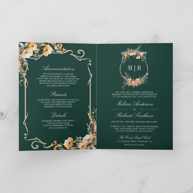 Convite Fall Wildflower Crest Emerald QR Code Wedding (Interior)
