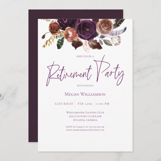 Convite Fall Winter Purple, Pink e Dourada Retirement Part (Frente/Verso)