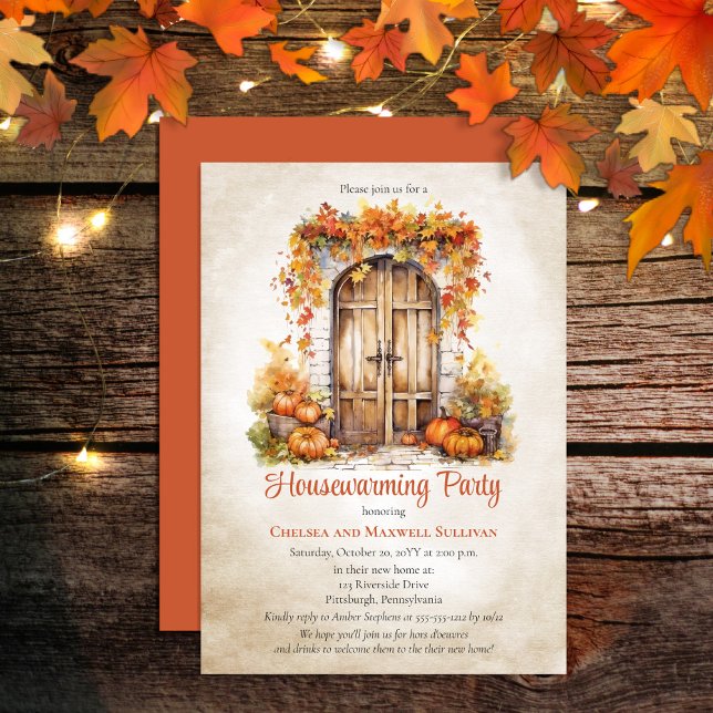 Convite Fall Wood Door Deixa Pumpkins Festa de Aquecimento (Warm, cozy vibes is what this design is all about -- create the perfect Housewarming for Fall!)