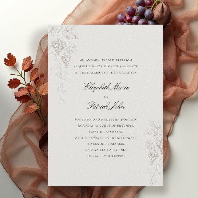 Convite Falla Vinícola Fall Vineyard Winery Clássico Moder (fall vineyard wedding invitation winery grapevine formal modern classic black tie ecru faux embossed)