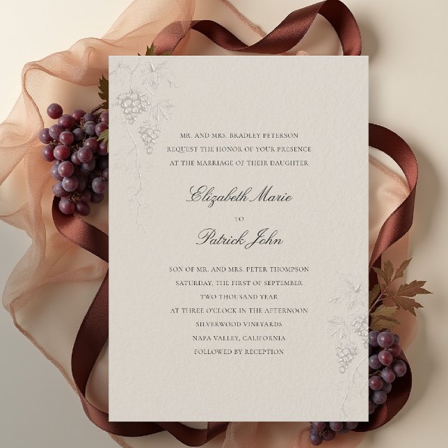 Convite Falla Vinícola Outono Clássico Moderno Trigo Casam (fall vineyard wedding invitation winery grapevine formal modern classic black tie wheat beige)