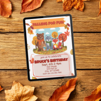 Convite Falling for Fun, Woodland Animal Birthday