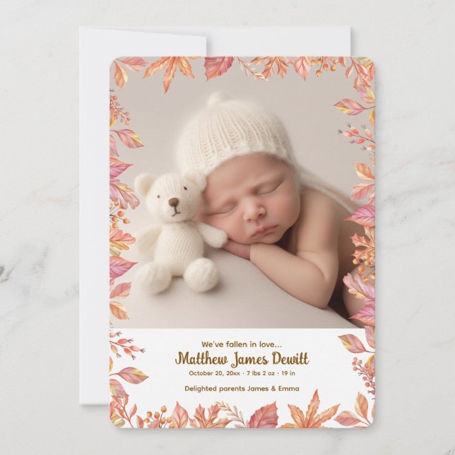 Convite Falling Leaves Frame Photo Birth Announcement  (Frente)