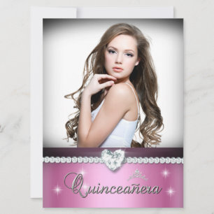 Convite Falsa Jóia de Diamante Rosa Branco Quinceanera 15