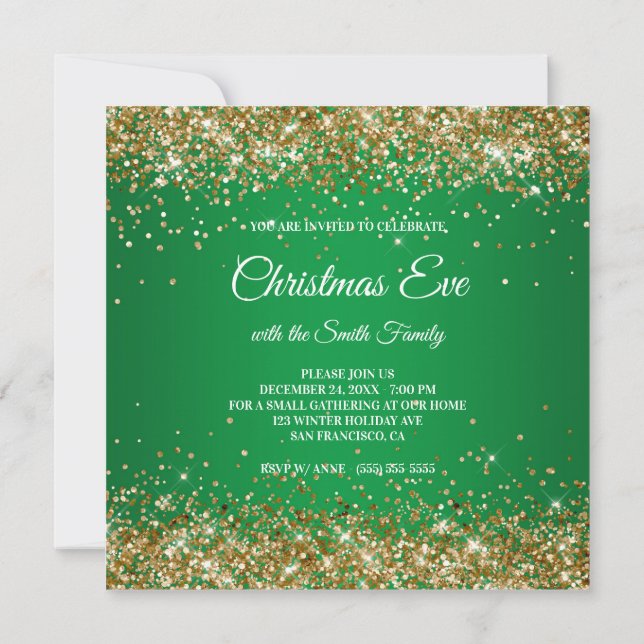 Convite Falso Brilho Dourado Glitter Natal Verde (Verso)