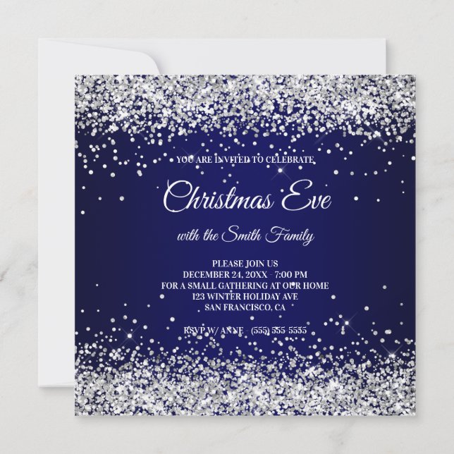 Convite Falso Brilho Prateado Glitter Natal Azul Marinho (Verso)