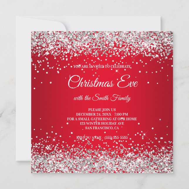 Convite Falso Brilho Prateado Glitter Natal Vermelho (Verso)