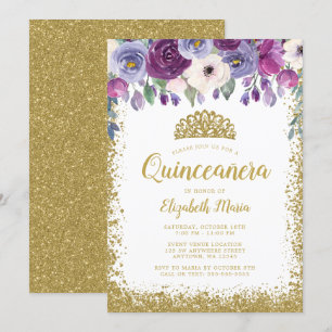 Convite Falso Dourado Roxo Tiara Quinceanera