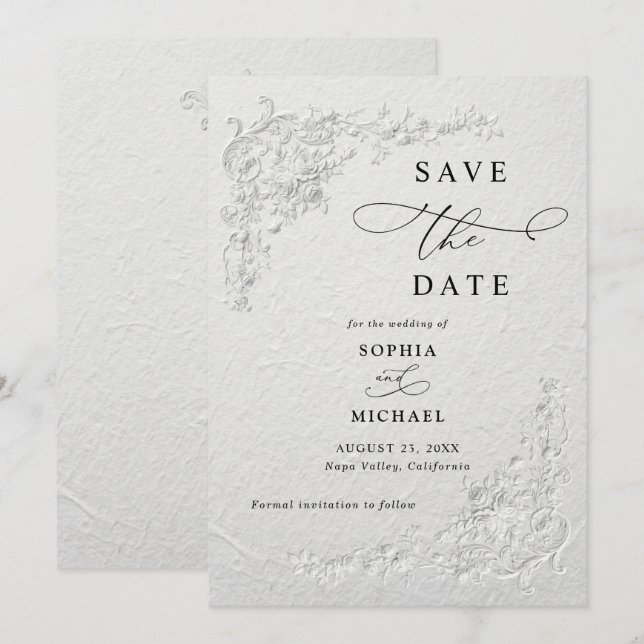 Convite Falso Floral Em relevo para Casamento Salve a Data (Frente/Verso)