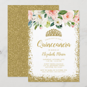 Convite Falso Floral Rosa Tiara Quinceanera