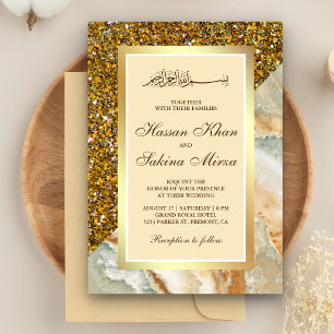 Convite Falso Glitter Dourado Mármore Marrom Casamento Muç