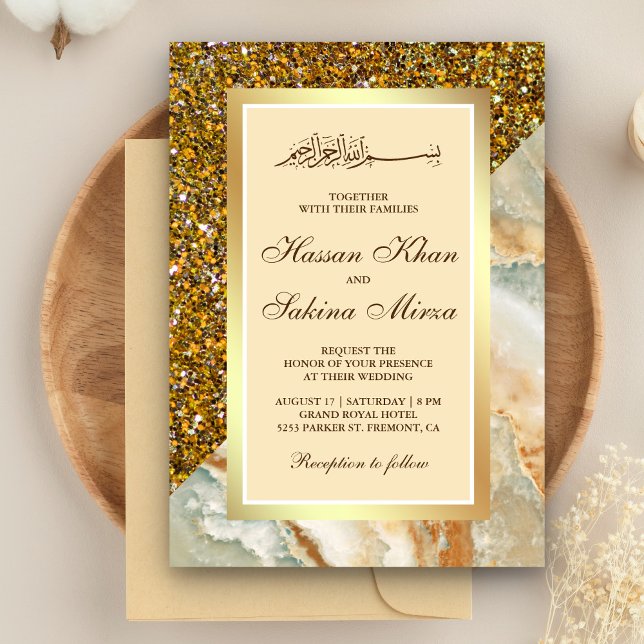 Convite Falso Glitter Dourado Mármore Marrom Casamento Muç (Criador carregado)